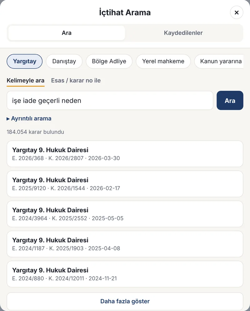 İçtihat arama: Yargıtay 9. Hukuk Dairesi işe iade kararları, esas ve karar numaralarıyla